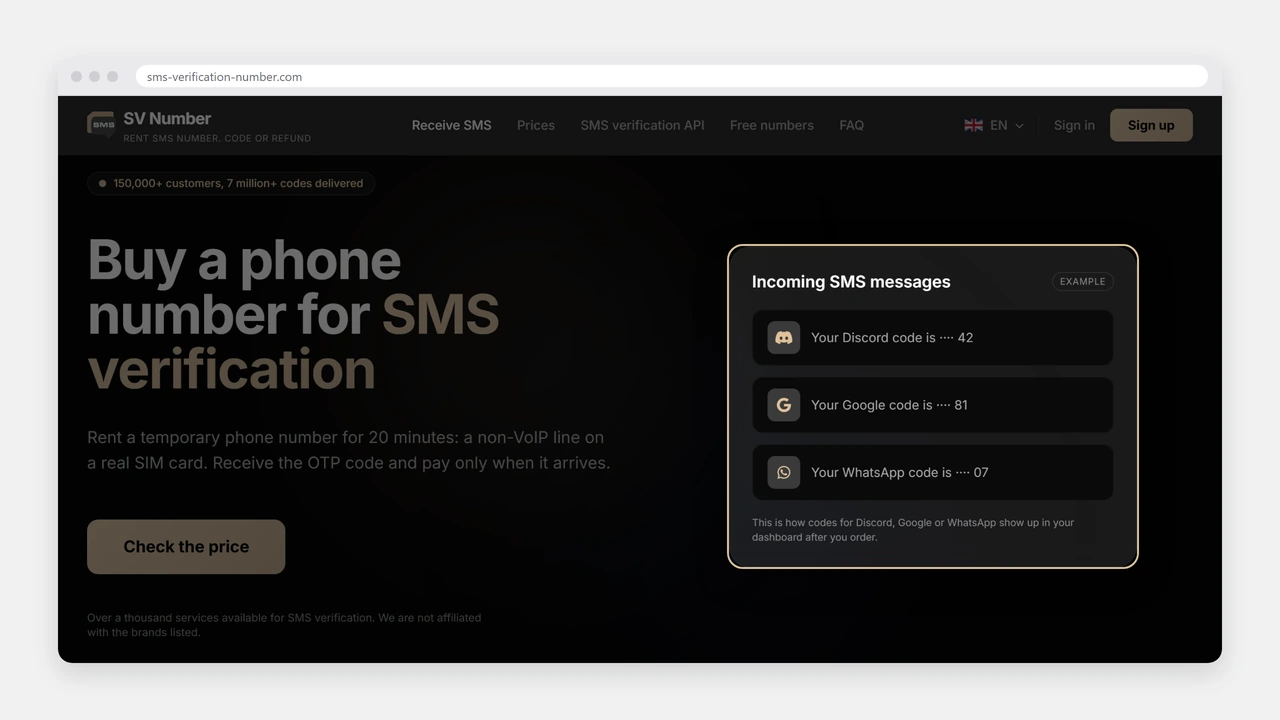 SV Number home page showing incoming SMS codes for Discord, Google and WhatsApp